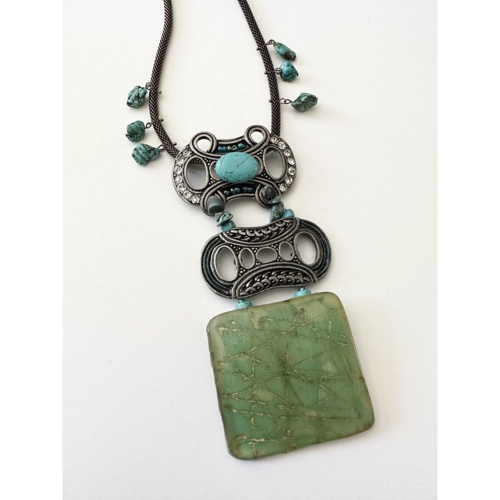 Chico’s Signed Turquoise and Green Dangle Statement Bib Silver Tone Necklace